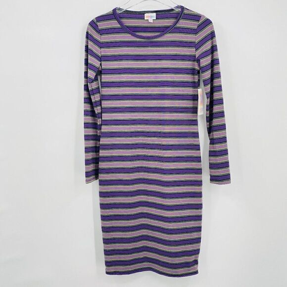 NWT Lularoe Size XS Purple Striped Long Sleeve Debbie Sheath Dress Midi - Picture 1 of 7